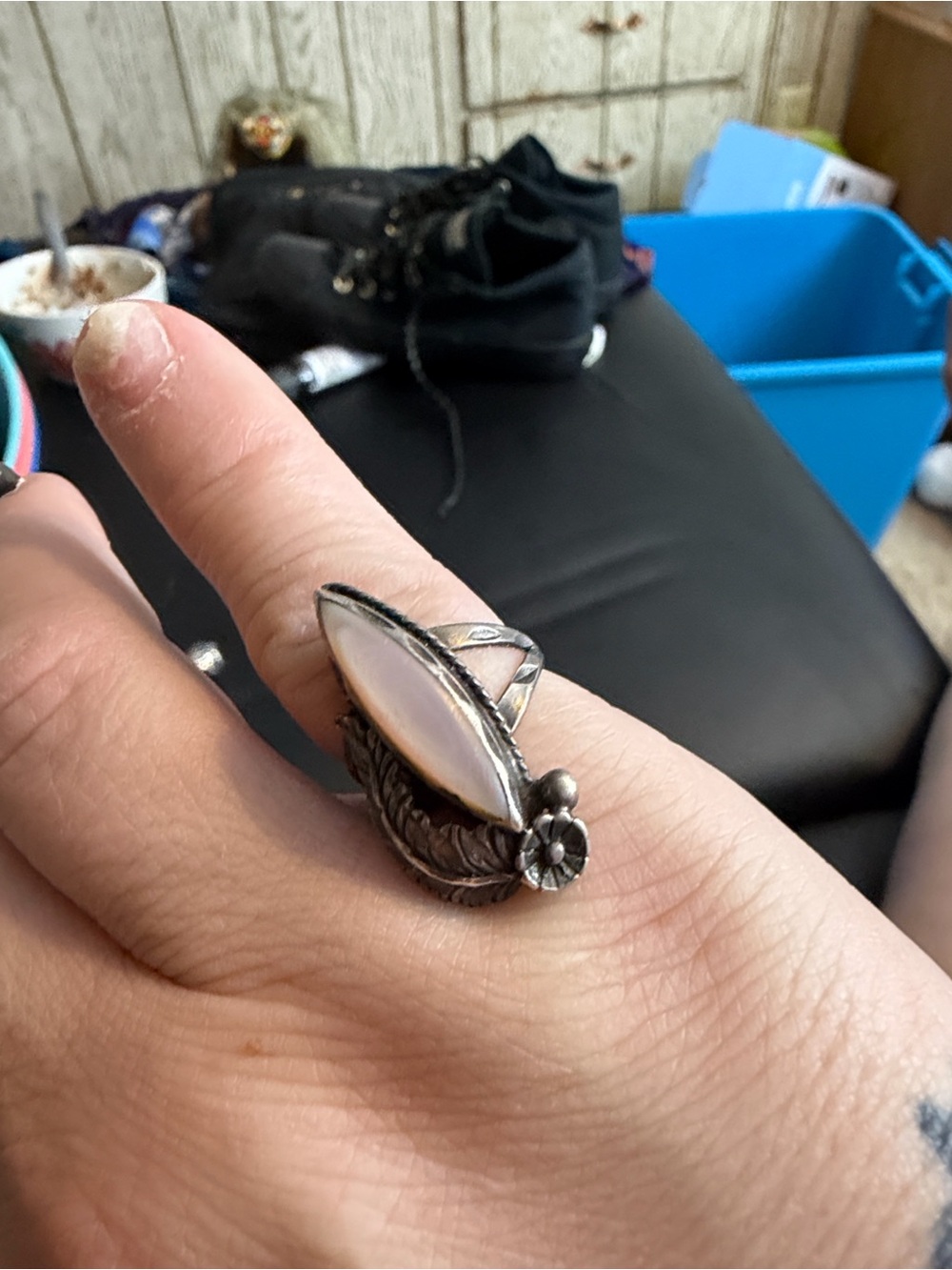 Silver-tone Marquise Mother of Pearl Statement Ring - White